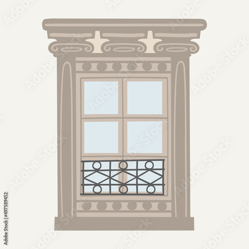 Flat vector illustration with traditional Paris window. Postcard from France. Architecture elements clipart.