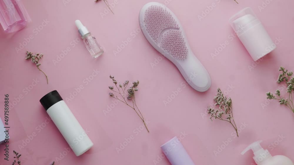 Beauty pattern theme flat lay creative layout with pro environment on pink background Beauty pattern theme flat lay creative layout with pro environment on pink background