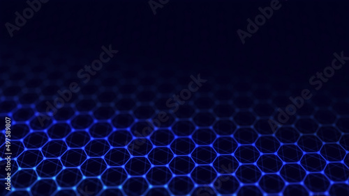 Dynamic particles wave. Blue hexagons on black background. Digital landscape. 3d rendering. Futuristic hexagon illustration. HUD element.