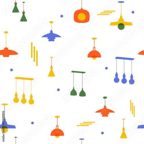 Seamless pattern with chandeliers for the store with a modern design. Vector illustration with different luster. Lighting store. Home decor for interior decoration.