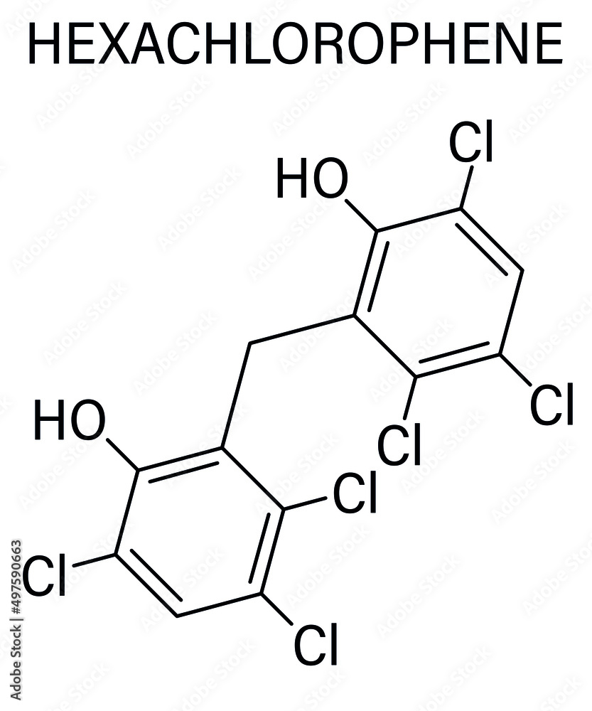 Hexachlorophene disinfectant molecule. Skeletal formula. Hexachlorophene disinfectant molecule. Skeletal formula.
