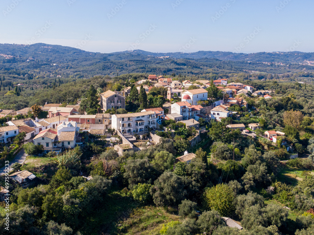 Aerial panoramic view of small village in corfu, Greece