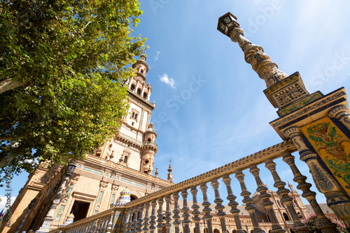 Old historical Andalusian town Seville, Spain. View on architectural details of buidings.