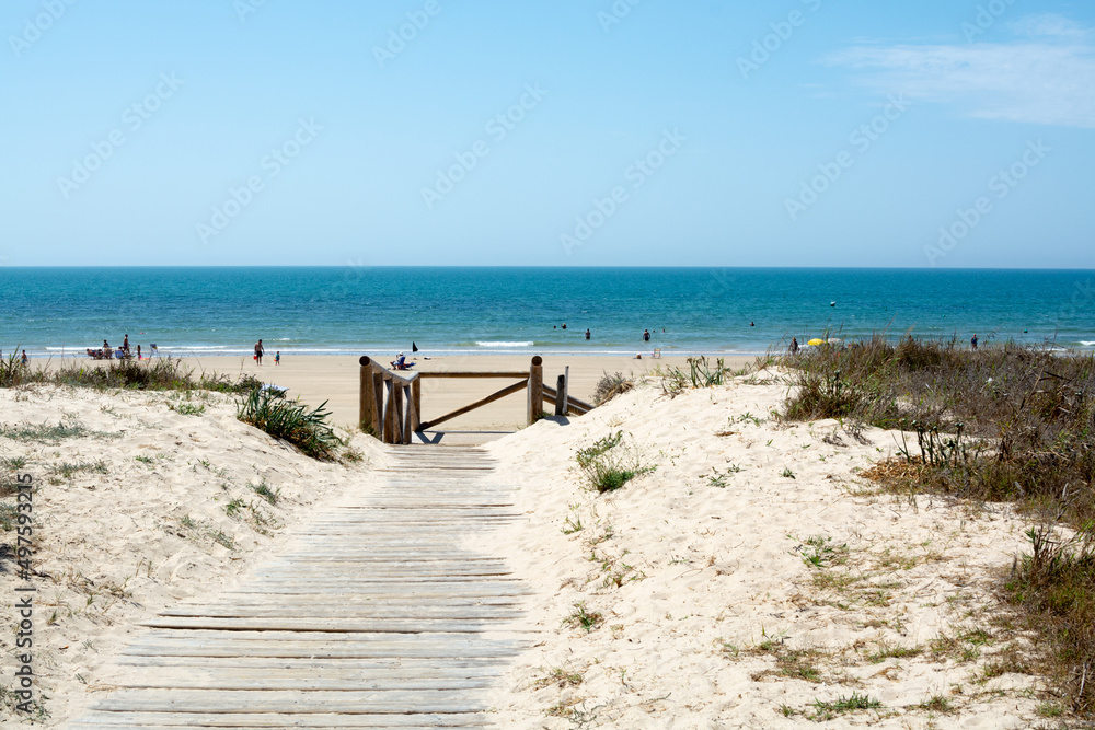 Golden sandy beaches near Sanlucar de Barrameda, small Andalusian town, Spain