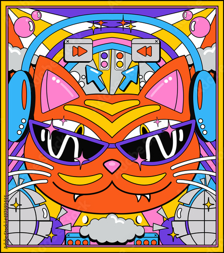 Psychedelic art with a trippy cat in glasses and headphones. Acid graphics, geometric shapes in the style of the 60s, bright drug elements in the disco style. Vector crazy illustration.