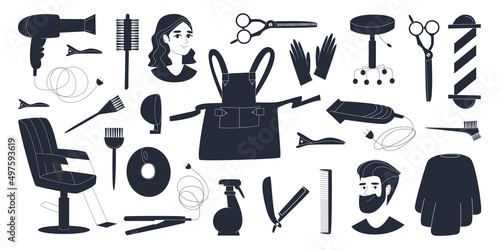 A set of accessories and tools for a hairdressing salon, barbershop. The topic of hair care for men and women. Working in a barbershop. Flat vector illustration. Eps10