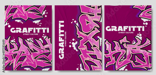 Collection of trendy vector posters with graffiti and splatter elements on isolated background