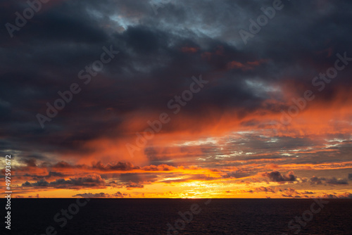 Amazing sunset with colorful clouds and dark ocean water  nature background