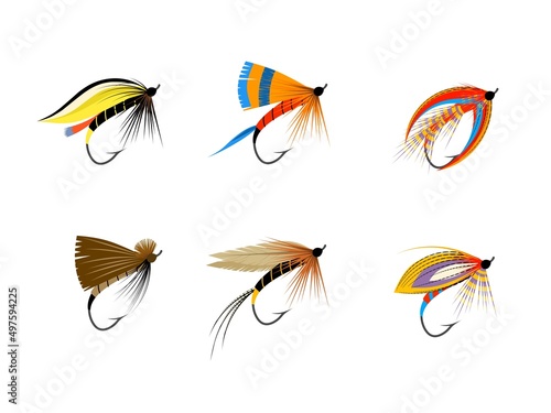 Flying fishing bait collection, isolated on a white background, vector illustration.