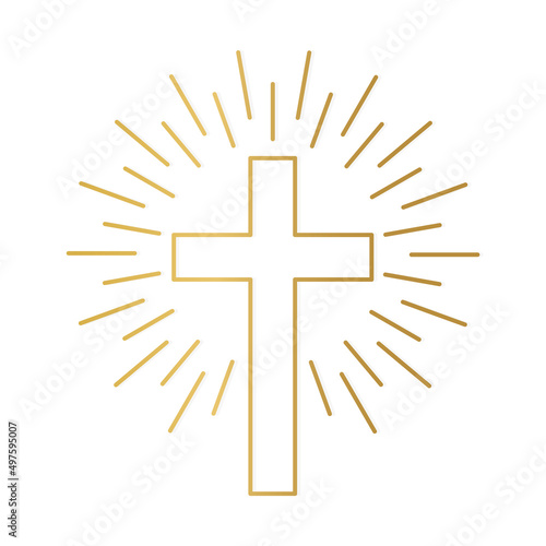 golden christian cross with sunburst - vector illustration
