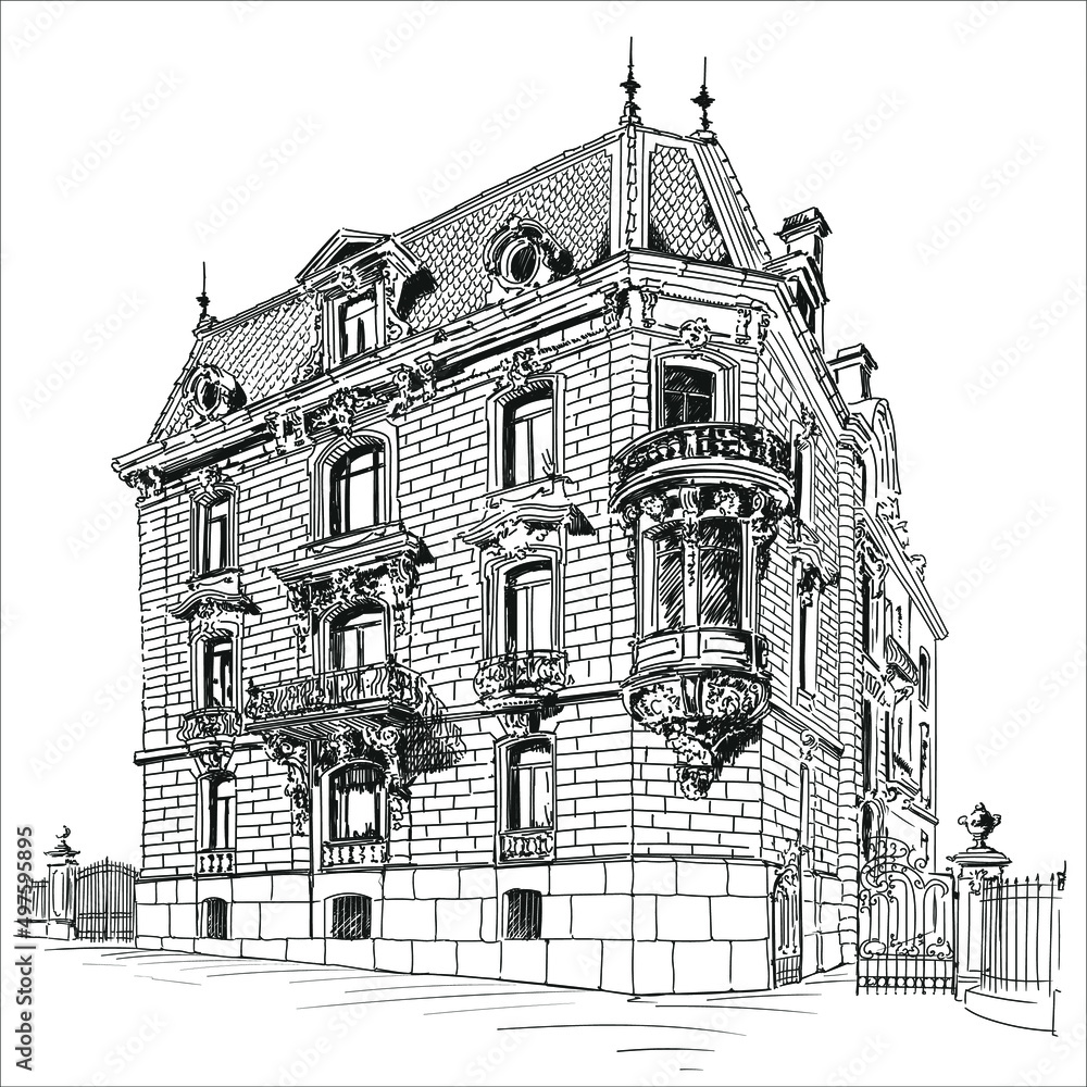 Obraz premium A quick pencil sketch of a classic Victorian brick building with wrought iron gates to the courtyard.