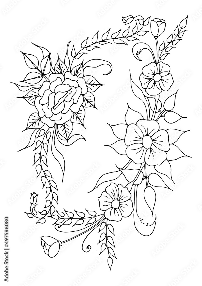 Hand-drawn flowers and leaves are isolated on white. Tattoo design, coloring page, wedding decoration, monochrome vector line art a lovely floral creation in the style of the past Hand-drawn flowers and leaves are isolated on white. Tattoo design, coloring page, wedding decoration, monochrome vector line art a lovely floral creation in the style of the past