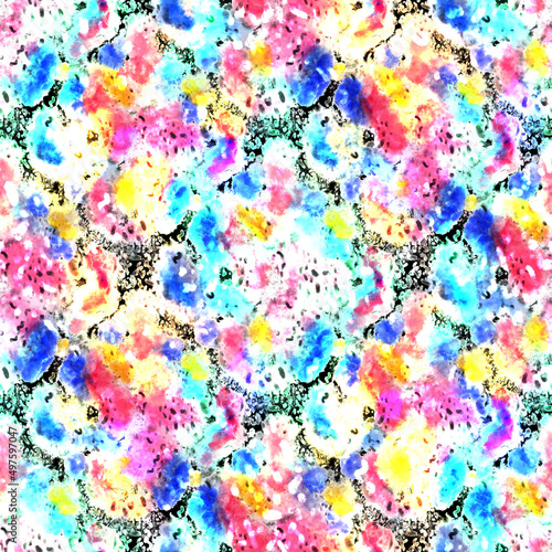 Watercolor abstract seamless pattern. Creative texture with bright abstract hand drawn elements. Abstract colorful print. 