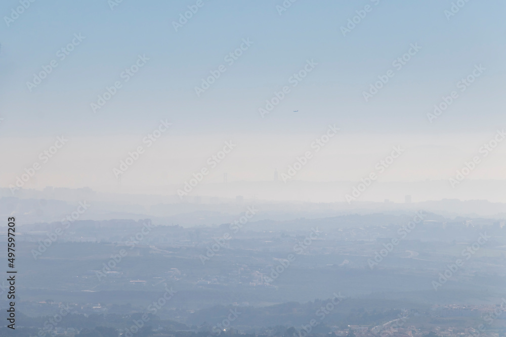 Blue background with silhouette of the city skyline in the morning