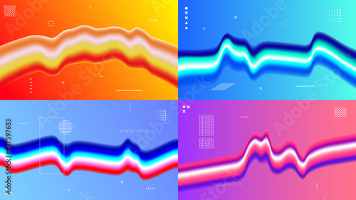 Vector illustration. Abstract surreal liquid panoramic wallpapers. Colorful background. Liquid acid color flow.  Memphis pattern. Geometric shape. Set of website design background. Web banner template
