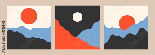Mountain View. Hills, sun, moon. Paper cut style. Flat abstract design. Illustration in scandinavian style. Set of three trendy hand drawn vector illustrations.