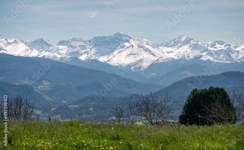 landscape of southwestern France with the Pyrenees mountains in the background 