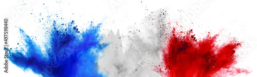 colorful french flag blue white red color holi paint powder explosion isolated background. france europe celebration soccer travel tourism concept © stockphoto-graf