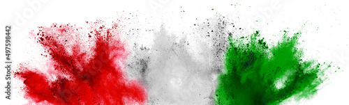colorful italian tricolore flag red white green color holi paint powder explosion isolated background. italy europe celebration tifosi soccer travel tourism concept photo