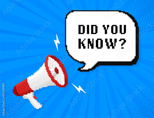 Did you know question. Badge with megaphone icon. Pixel style illustration on white background