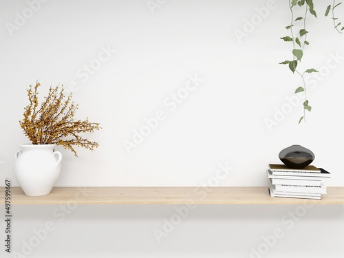 White wall mockup with ornamental plants, books and table decorations. 3d rendering, interior design, 3d illustration