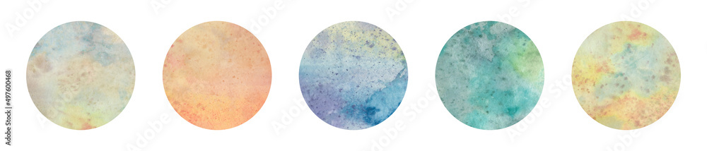 Abstract watercolor background in a circle, set of five pieces. drawn planets Abstract watercolor background in a circle, set of five pieces. drawn planets