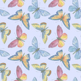 Vintage hand drawn colorful seamless pattern with beautiful pastel watercolor butterflies on vibrant background. Watercolor butterfly seamless pattern hand drawn texture