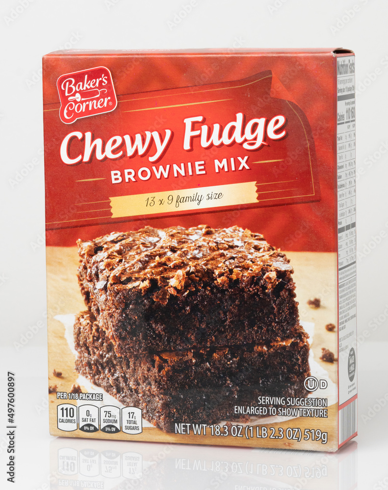 Cardboard box front panel of Chewy Fudge brownie mix from Bakers Corner