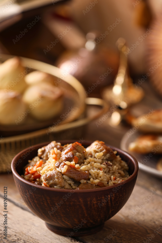 Bowl of tasty pilaf on table Bowl of tasty pilaf on table