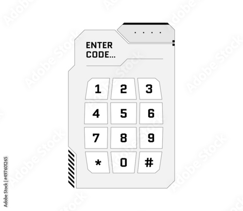 HUD digital futuristic user interface PIN code entry panel. Sci Fi high tech protection black and white screen. Gaming menu number touching dashboard. Cyber space keypad vector eps illustration photo