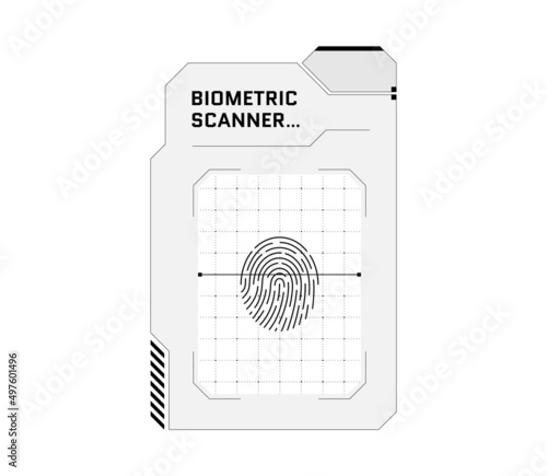 HUD digital futuristic user interface finger scan panel. Sci Fi high tech protection black and white screen. Gaming menu biometric id touching dashboard. Cyberspace fingerprint scanning identification