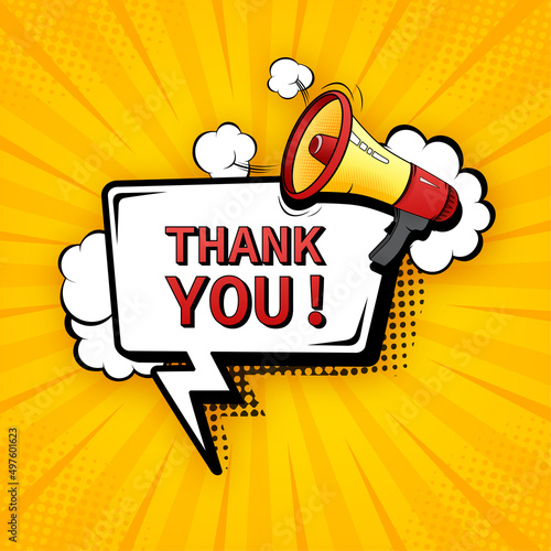 Pop design template thank you on yellow backdrop. Marketing concept. Template design.Marketing announcement