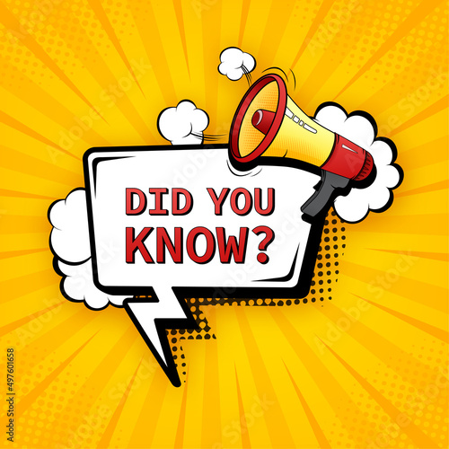 Did you know question. Badge with megaphone icon. Pop style illustration on white background