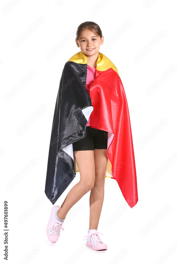 Little girl with flag of Belgium on white background