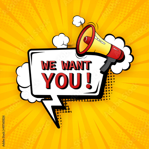 We want you megaphone for banner design. Pop style illustration. Vector stock illustration