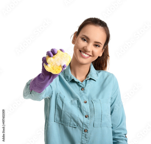 Smiling young woman in rubb...
