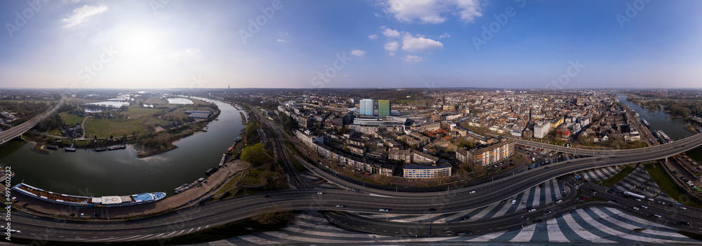 Urban development transportation Dutch engineering cityscape. Aerial 360 degrees panorama of Arnhem intersection roundabout. 