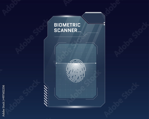 HUD digital futuristic user interface finger scan panel. Sci Fi high tech protection glowing screen. Gaming menu biometric id touching dashboard. Vector cyber space fingerprint scanning identification photo
