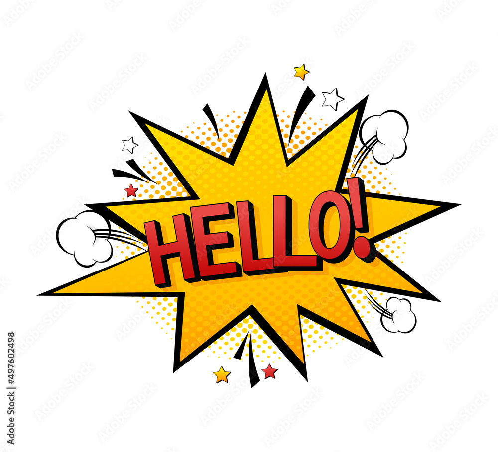Beautiful pop art red font on colorful backdrop. Call icon vector. Pop art style. Hello banner vector illustration Beautiful pop art red font on colorful backdrop. Call icon vector. Pop art style. Hello banner vector illustration