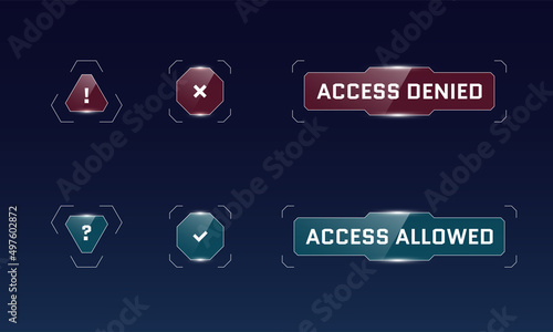 HUD digital futuristic user interface access allowed and denied button set. Question and exclamation mark sci fi high tech signs. Gaming menu security infographic design elements. Cyber space protect