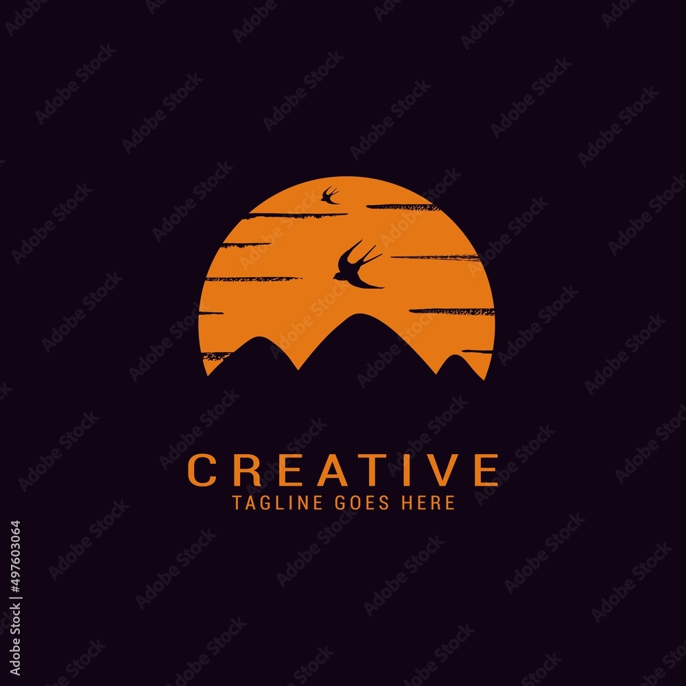 Mountains logo design vector template and flying birds