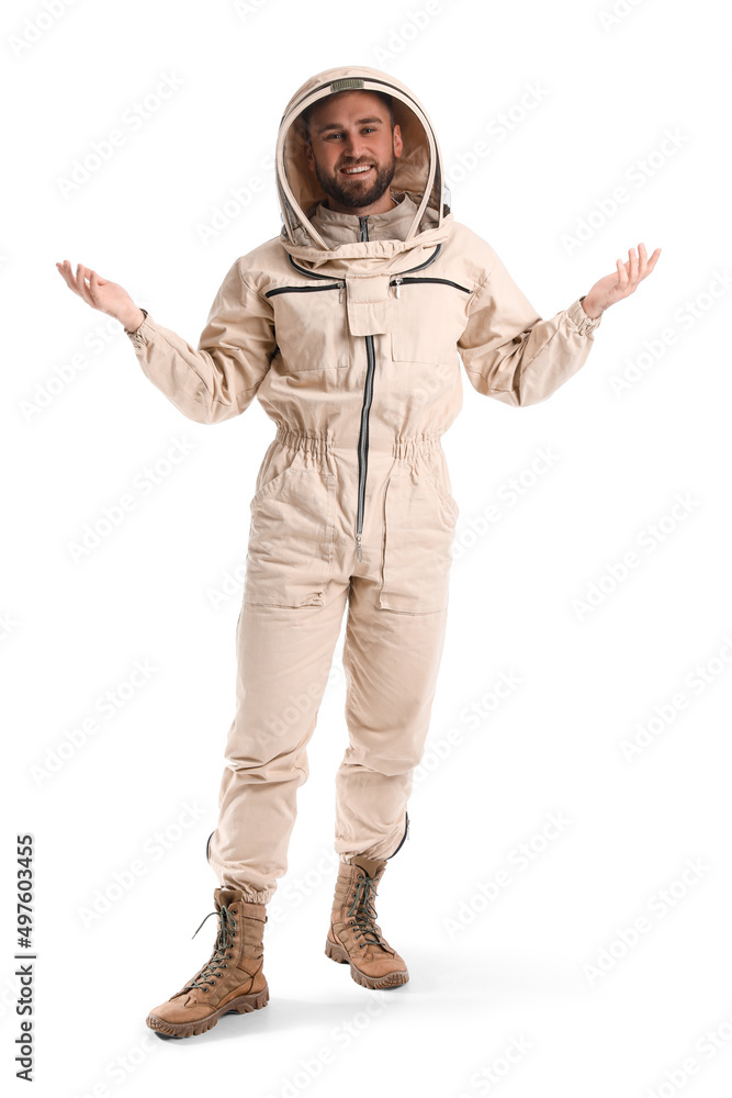 Male beekeeper in protective suit on white background