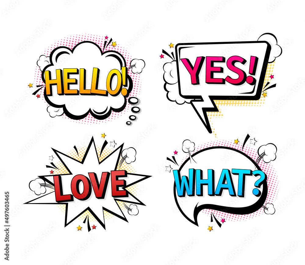 Comic Speech Bubbles Set With Different Emotions And Text Hello Love What Yes Pop Style Illustration Stock ベクター Adobe Stock