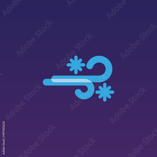 flat vector illustration, sticker icon of gusts of cold wind with snowflakes for website or weather app	
