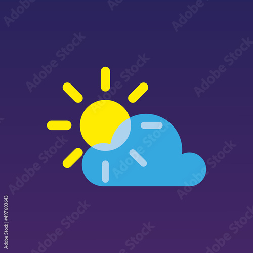 flat vector illustration, sticker icon of shining sun behind the cloud for website or weather app	