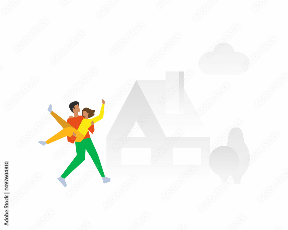 Happy newlyweds bought new house. The husband carries his wife in his arms to her new home. Vector minimalist flat illustration. Happy newlyweds bought new house. The husband carries his wife in his arms to her new home. Vector minimalist flat illustration.