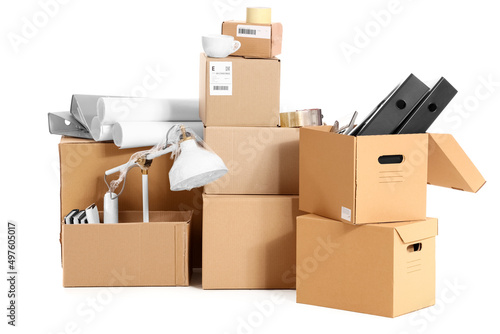 Cardboard boxes with office stuff on white background