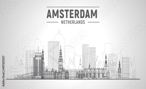 Amsterdam line skyline with panorama in white background. Vector Illustration. Business travel and tourism concept with modern buildings. Image for presentation, banner, website.