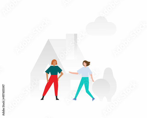 Lifestyle scene - two girls met on the street. Friends, neighbors, sisters in colorful clothes glad to meet. Modern vector illustration in trendy style.