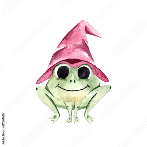Watercolor illustration with a cute green frog in a witch hat, toad, Halloween. Illustration with a frog for postcards, posters, fabrics, decor, holidays